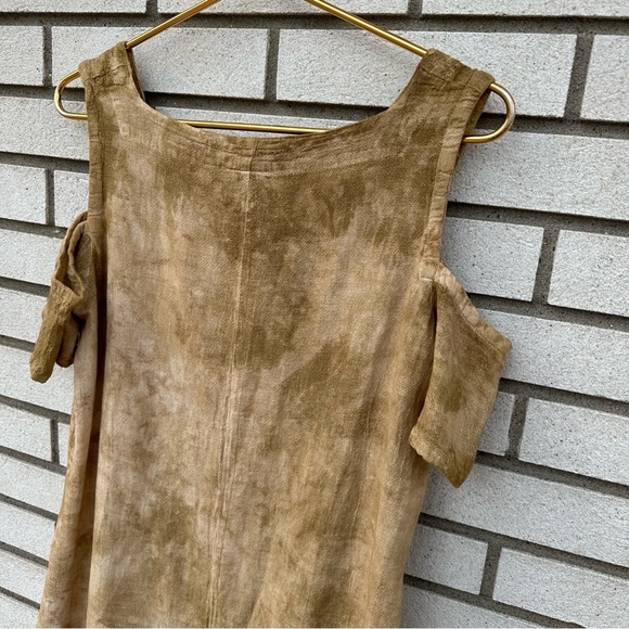 Oh My Gauze Tan Tie Dye Cotton Cold Shoulder Top Pointed Hem Boho Cottagecore - Picture 9 of 10